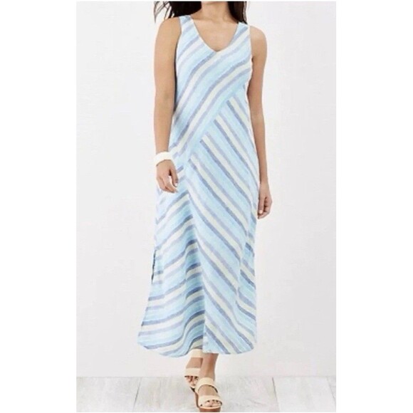 J. Jill Love Linen M Lotus Maxi Dress Striped Blue Green Resort Coastal Grandma - Picture 2 of 12
